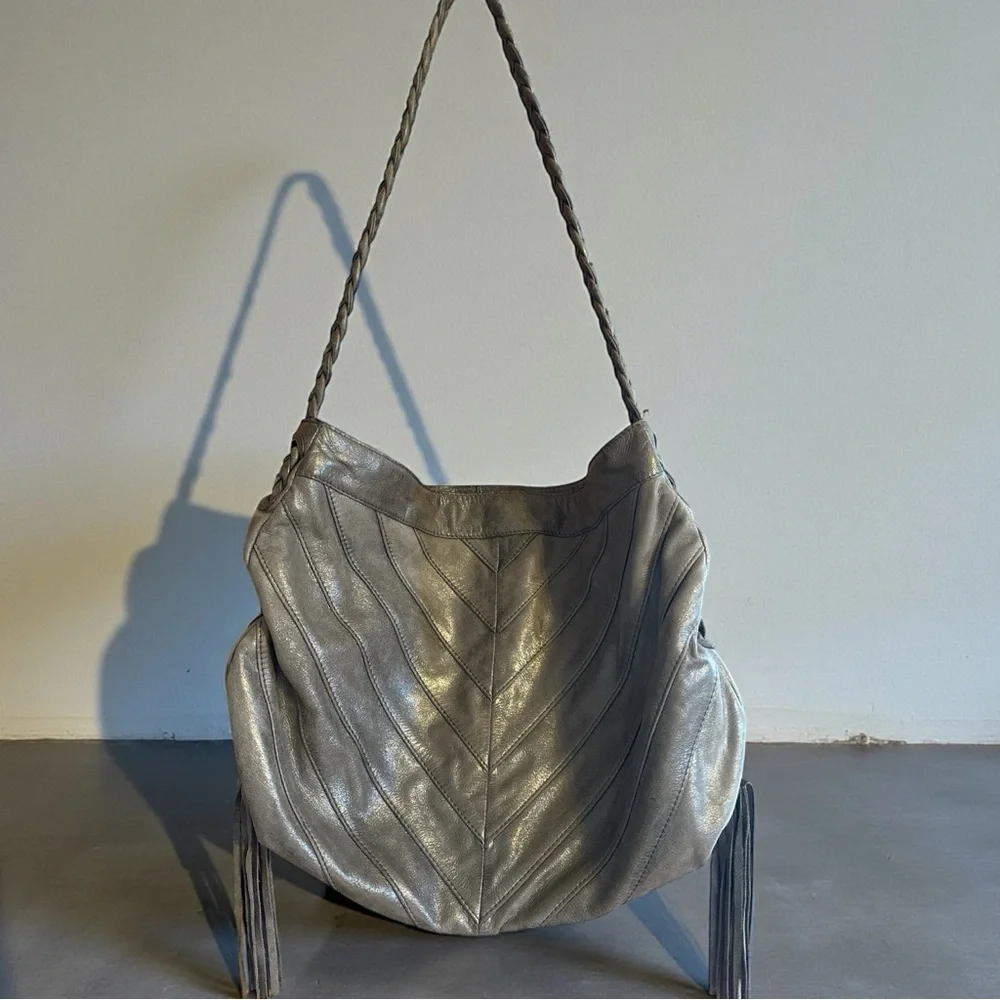 Fossil Pewter Metallic Leather Braided Hobo Shoulder Bag Tassels Magnetic Close